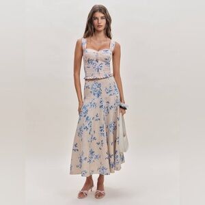 Reformation Beige Floral Midi Dress with Blue Print